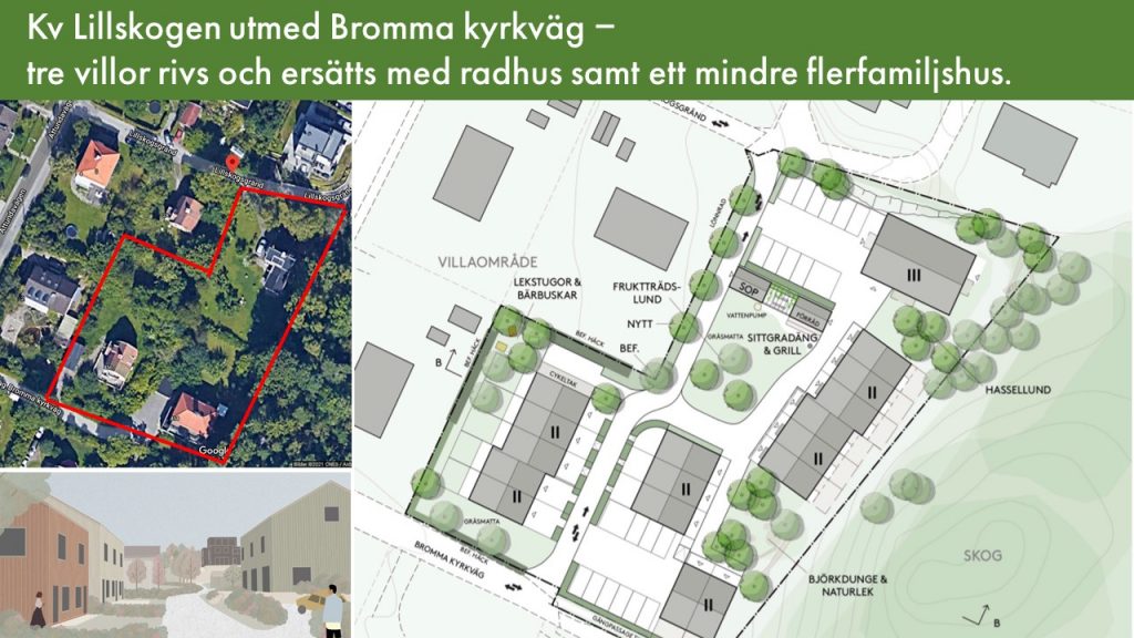 Utmed Bromma kyrkväg rivs tre villor och tomterna förtätas med radhus och flerfamiljhus – Samfundet S:t Erik har yttrat sig över detaljplaneförslaget